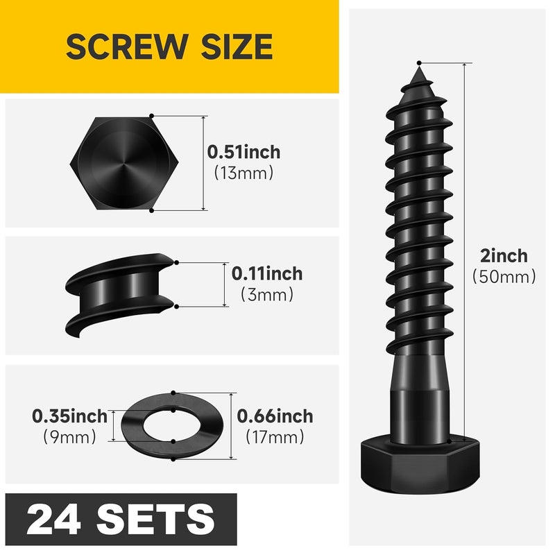 MYWISH (24Sets) 5/16" x 2" Hex Head Lag Bolts, Heavy Duty Lag Screws with Washers, 304 Stainless Steel Bolts 18-8, Lag Screws Wood Screws, Partial Thread Black Oxide, 5/16 Bolt by - Image 2